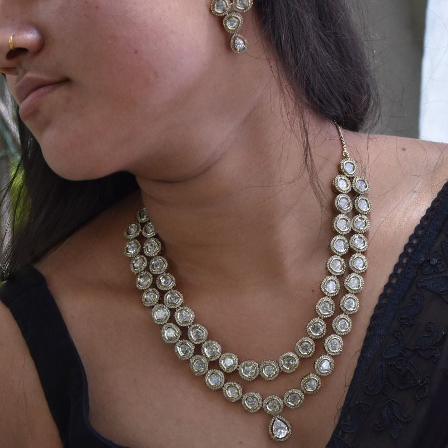 Royal Allure Double Strand Polki Necklace Set - MR Jewels